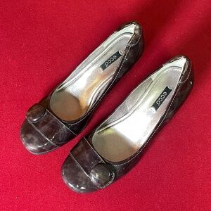 Ecco Brown Patent Leather Heeled Ballet Flats Chunky Heel